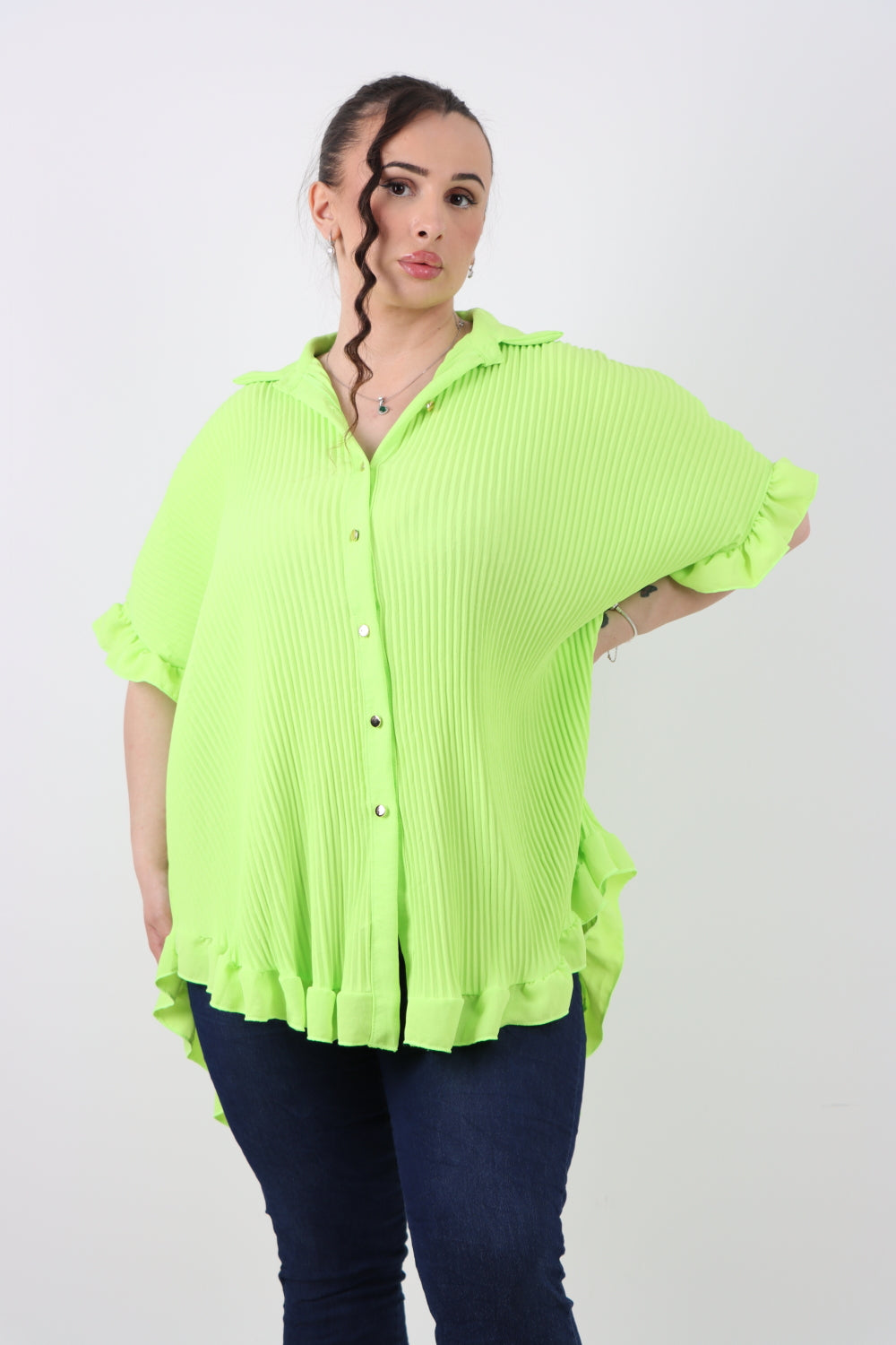 Italian Pleated Dip Hem Button Down Shirt Top