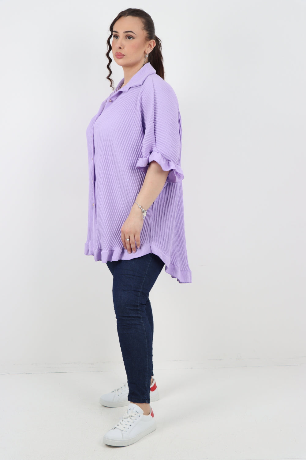 Italian Pleated Dip Hem Button Down Shirt Top