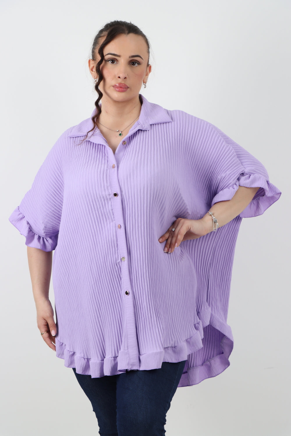 Italian Pleated Dip Hem Button Down Shirt Top