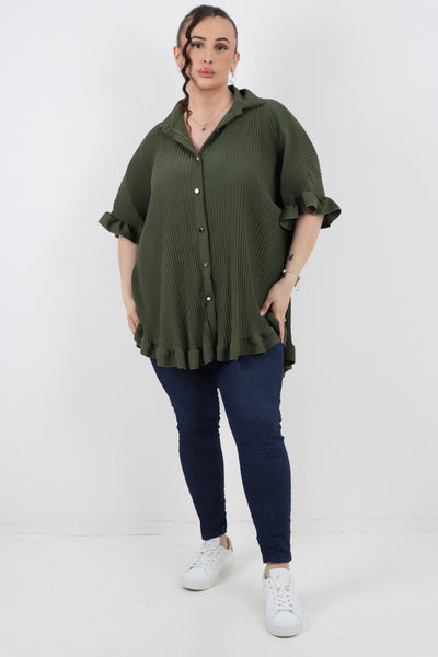 Italian Pleated Dip Hem Button Down Shirt Top