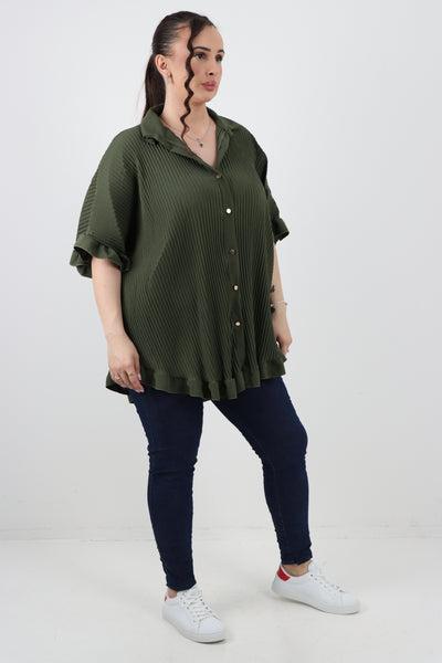 Italian Pleated Dip Hem Button Down Shirt Top