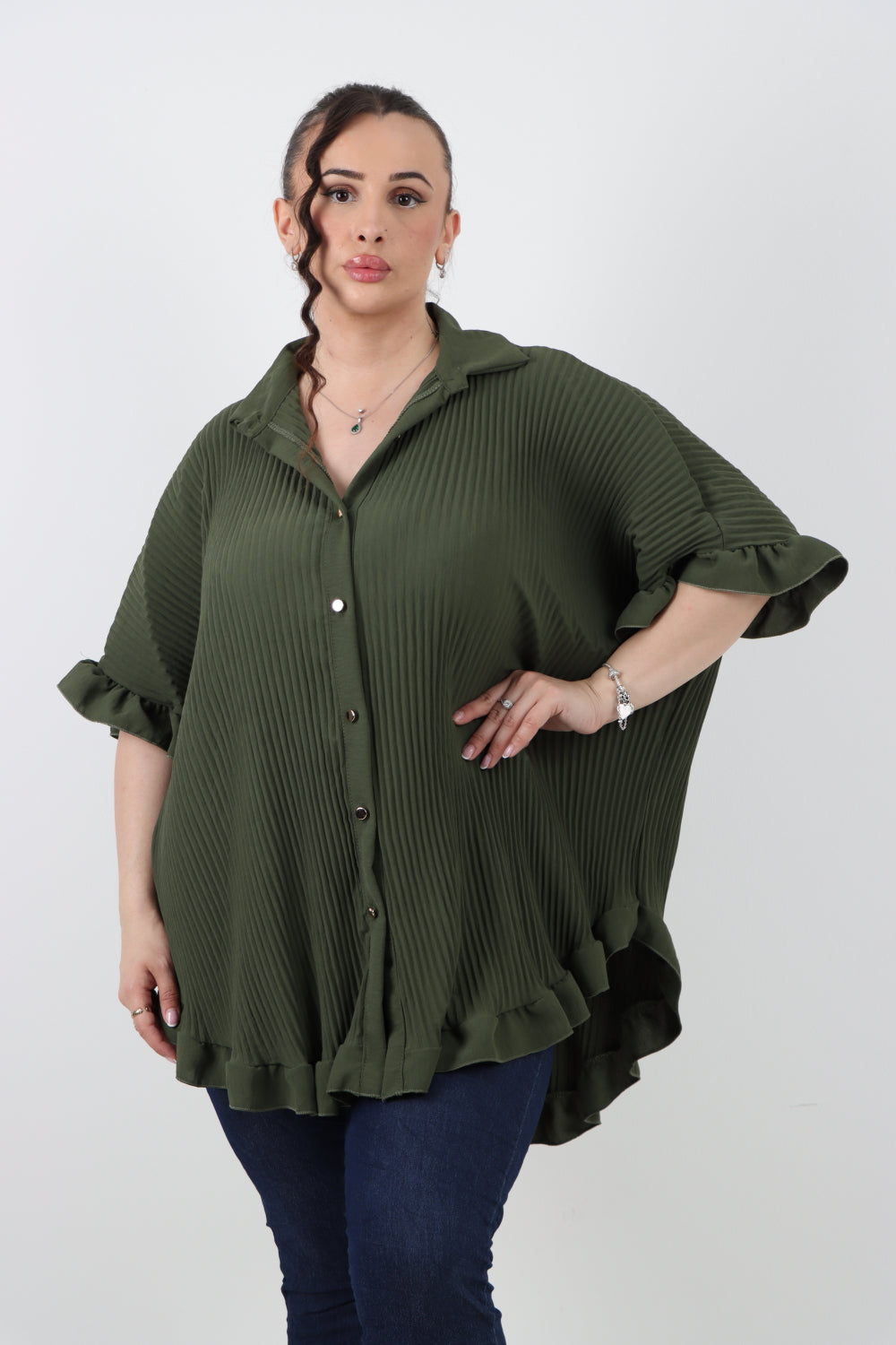 Italian Pleated Dip Hem Button Down Shirt Top