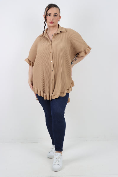 Italian Pleated Dip Hem Button Down Shirt Top