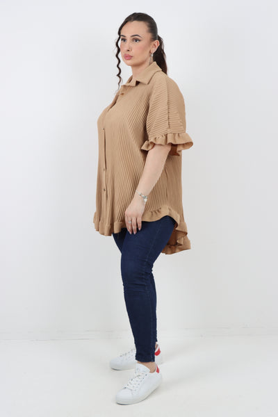 Italian Pleated Dip Hem Button Down Shirt Top