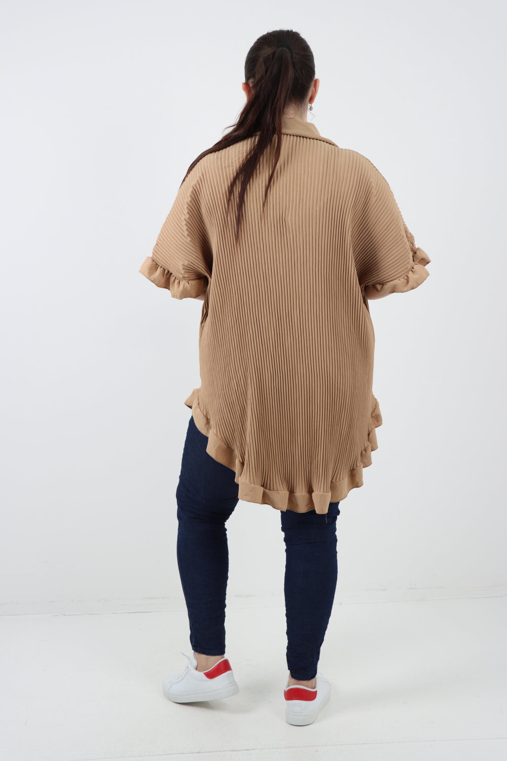 Italian Pleated Dip Hem Button Down Shirt Top