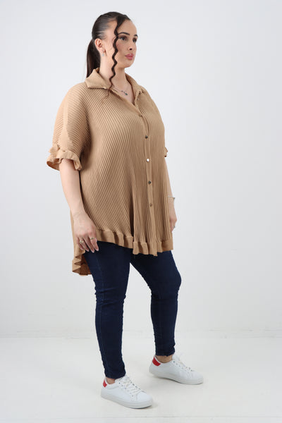 Italian Pleated Dip Hem Button Down Shirt Top