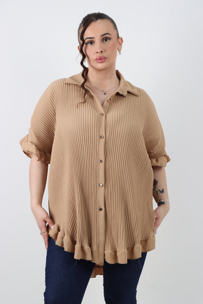 Italian Pleated Dip Hem Button Down Shirt Top