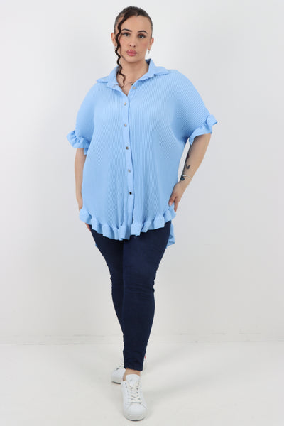 Italian Pleated Dip Hem Button Down Shirt Top