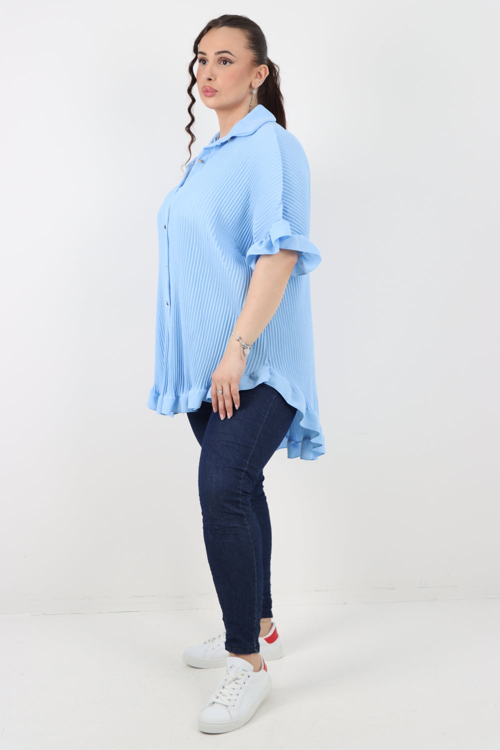 Italian Pleated Dip Hem Button Down Shirt Top