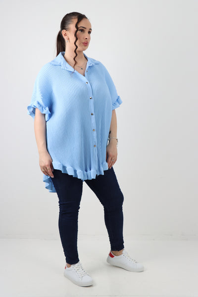 Italian Pleated Dip Hem Button Down Shirt Top