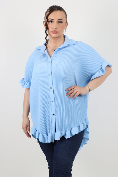 Italian Pleated Dip Hem Button Down Shirt Top