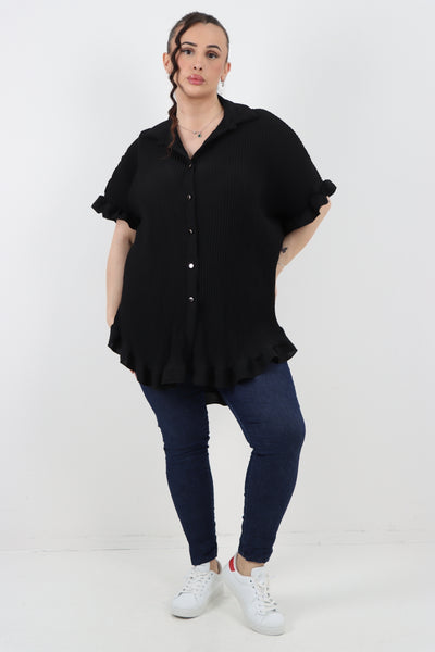 Italian Pleated Dip Hem Button Down Shirt Top