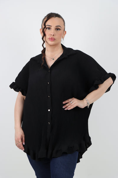 Italian Pleated Dip Hem Button Down Shirt Top