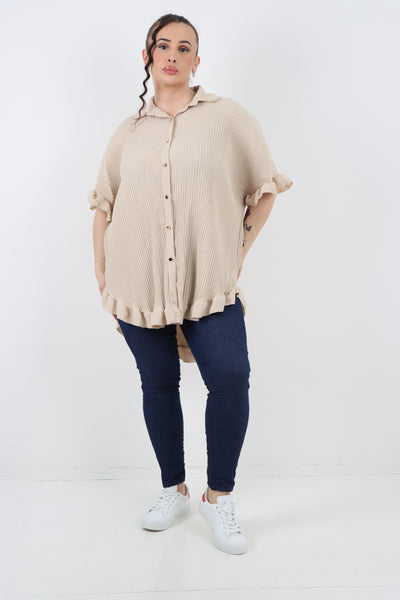 Italian Pleated Dip Hem Button Down Shirt Top