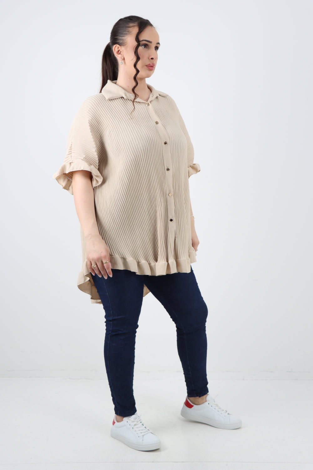 Italian Pleated Dip Hem Button Down Shirt Top