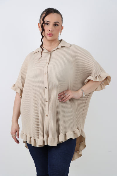 Italian Pleated Dip Hem Button Down Shirt Top