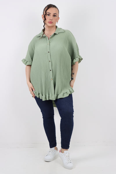 Italian Pleated Dip Hem Button Down Shirt Top