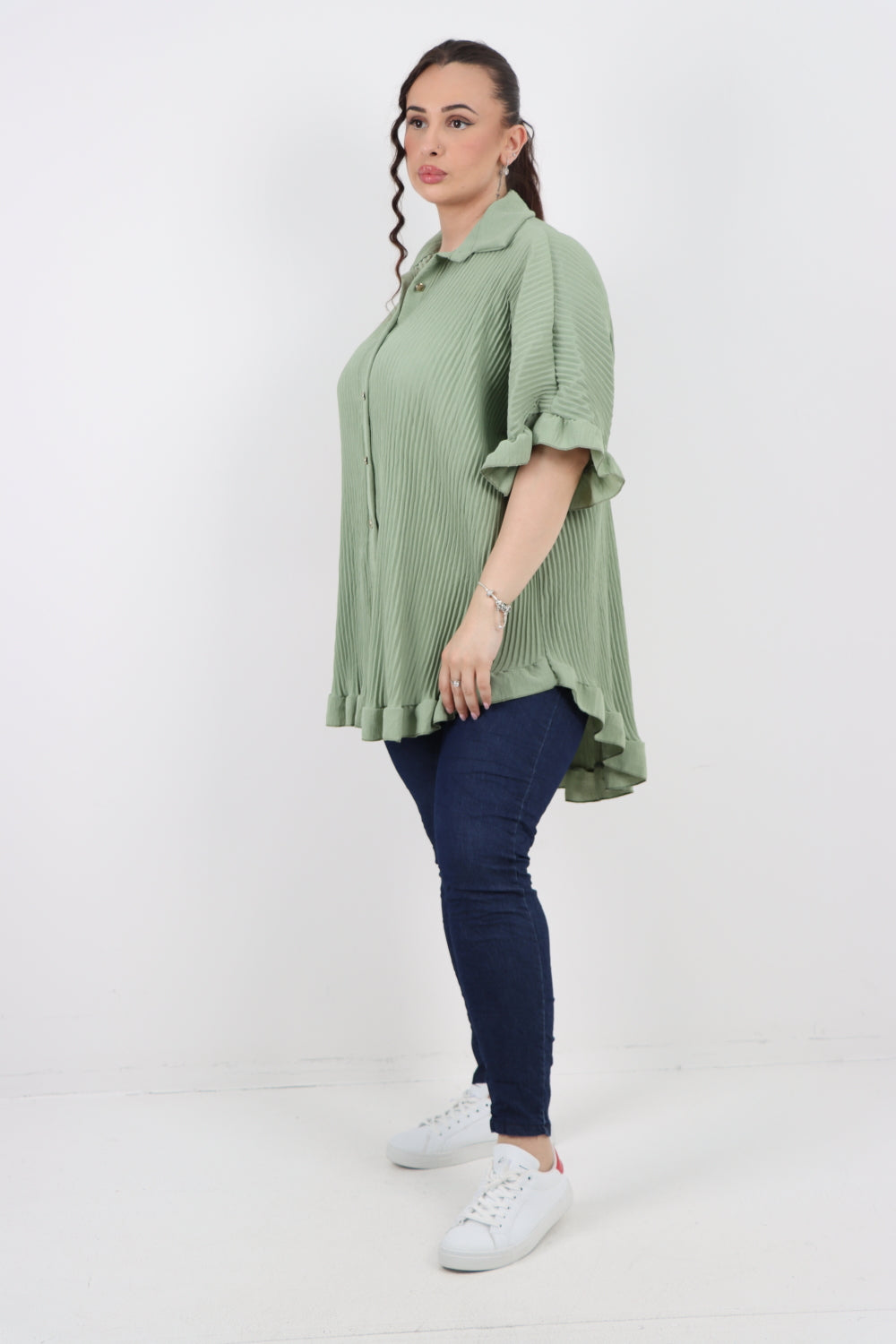 Italian Pleated Dip Hem Button Down Shirt Top