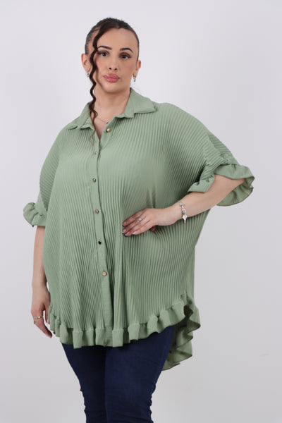 Italian Pleated Dip Hem Button Down Shirt Top