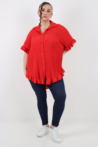 Italian Pleated Dip Hem Button Down Shirt Top