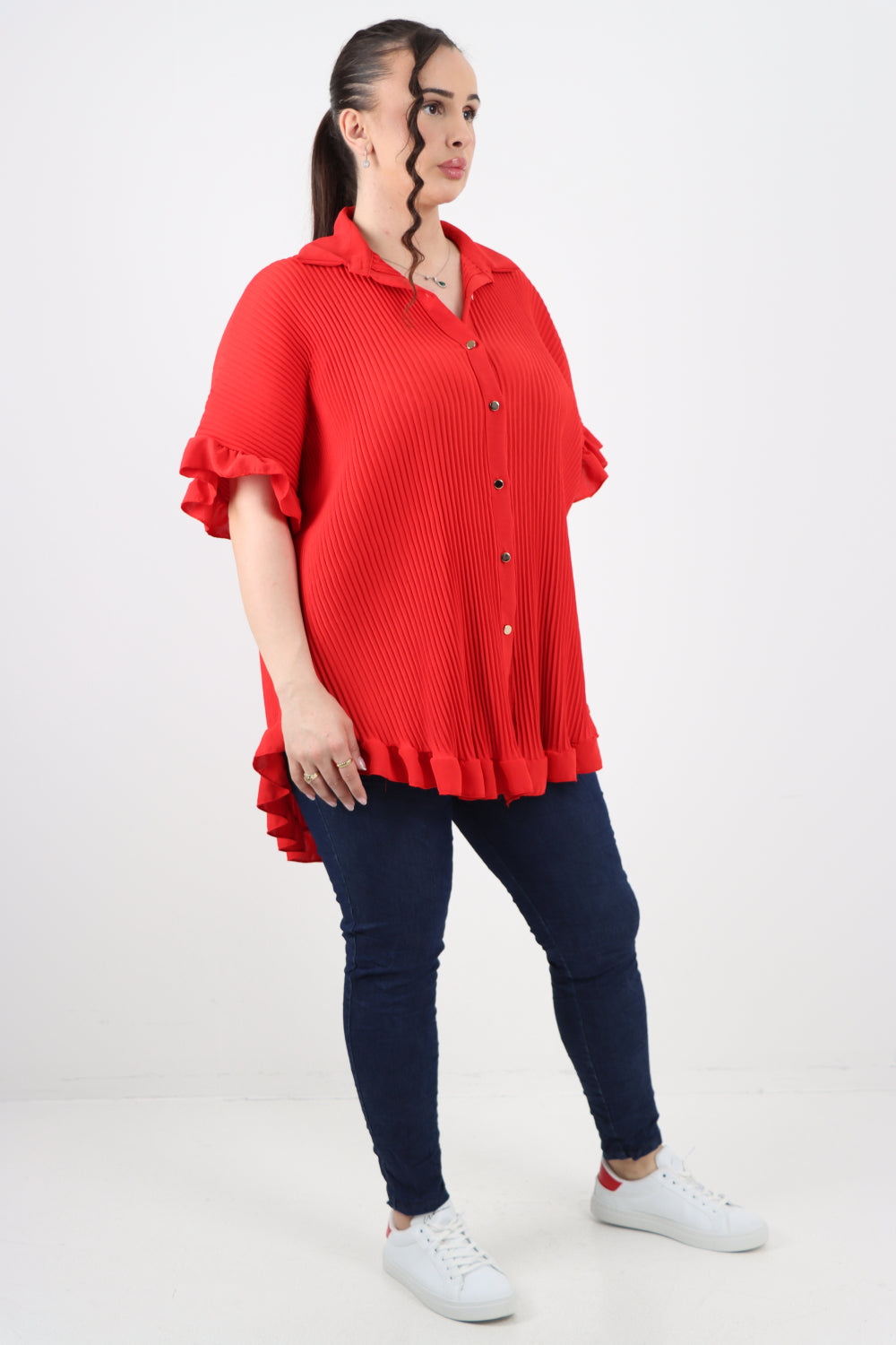 Italian Pleated Dip Hem Button Down Shirt Top