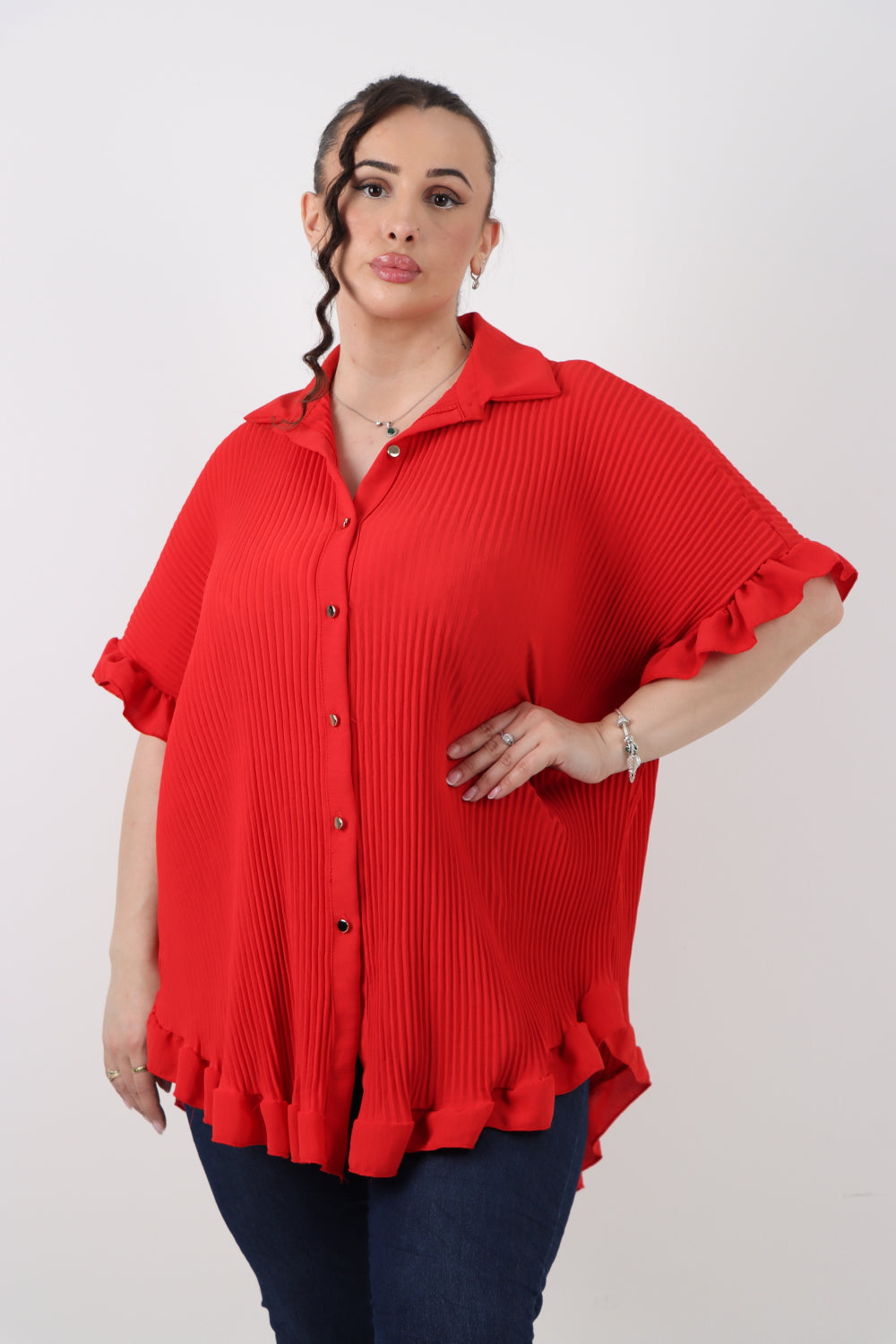 Italian Pleated Dip Hem Button Down Shirt Top