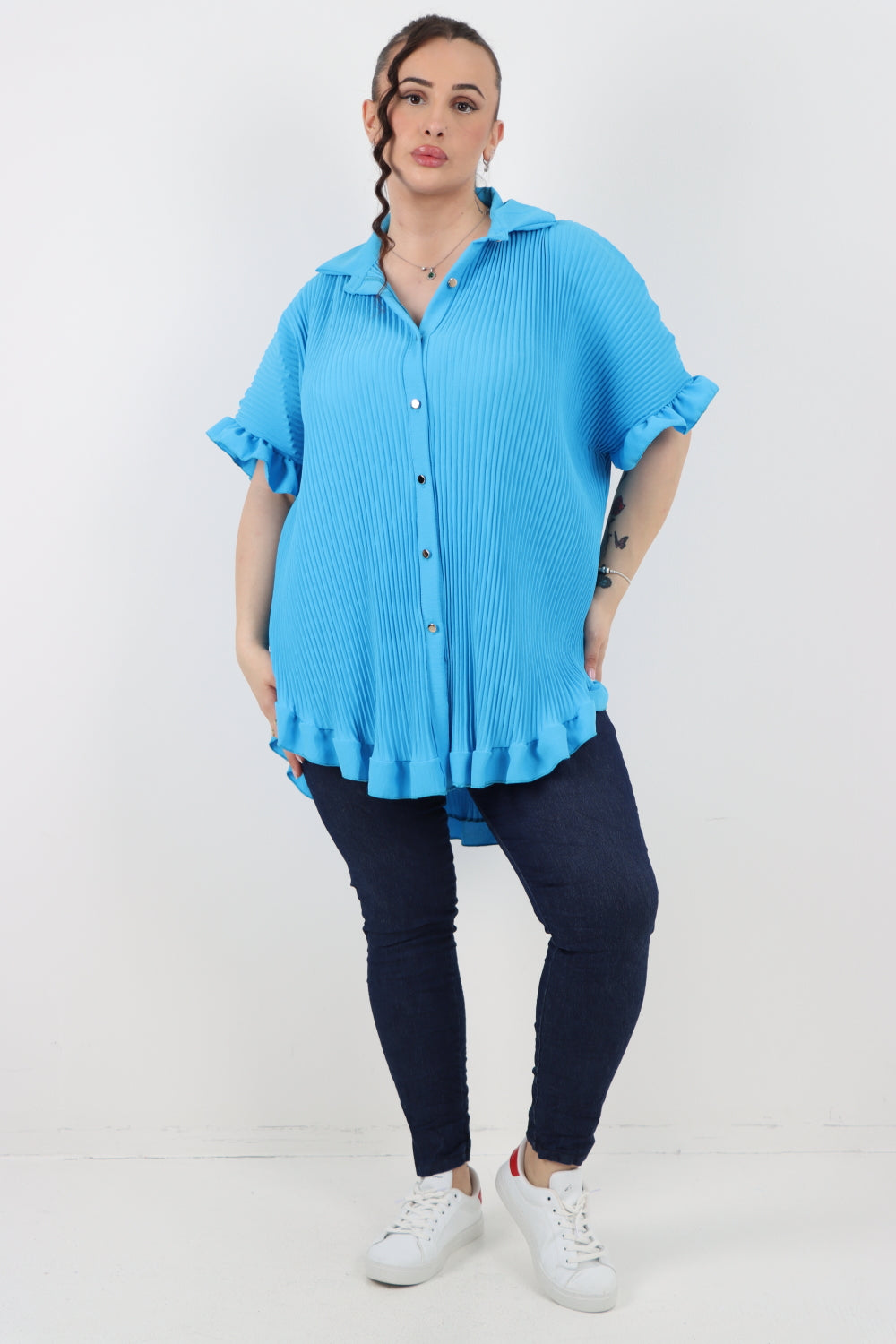 Italian Pleated Dip Hem Button Down Shirt Top