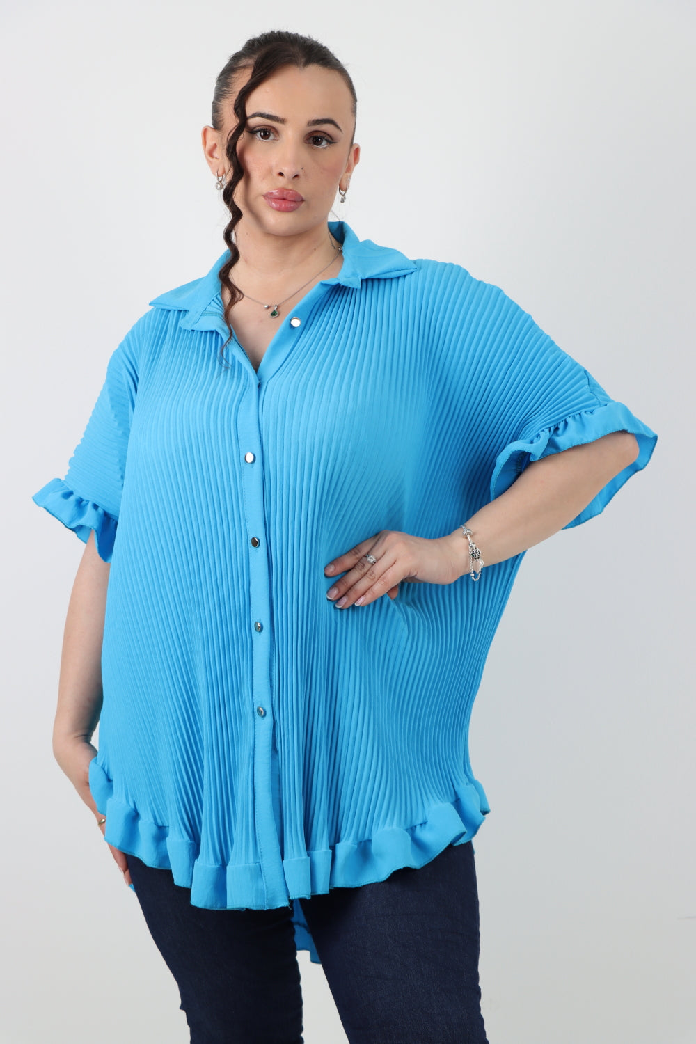 Italian Pleated Dip Hem Button Down Shirt Top