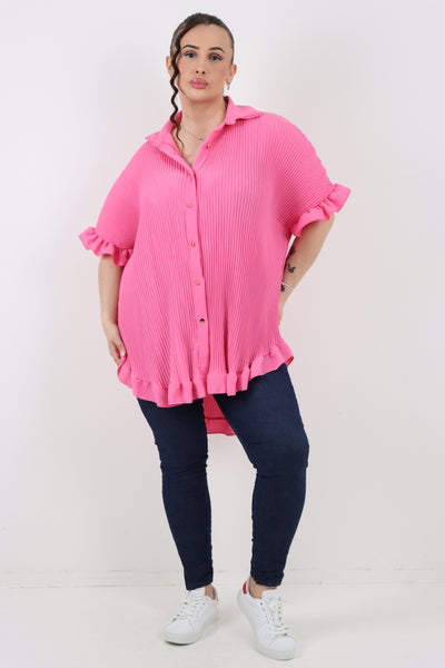 Italian Pleated Dip Hem Button Down Shirt Top