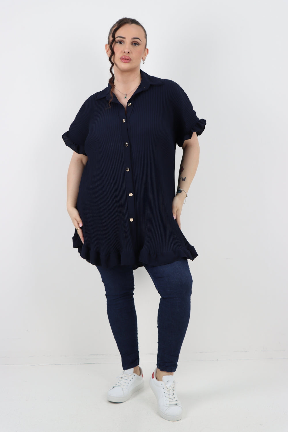 Italian Pleated Dip Hem Button Down Shirt Top