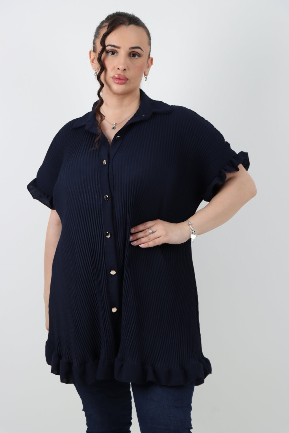 Italian Pleated Dip Hem Button Down Shirt Top