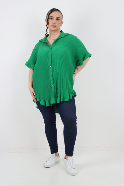 Italian Pleated Dip Hem Button Down Shirt Top