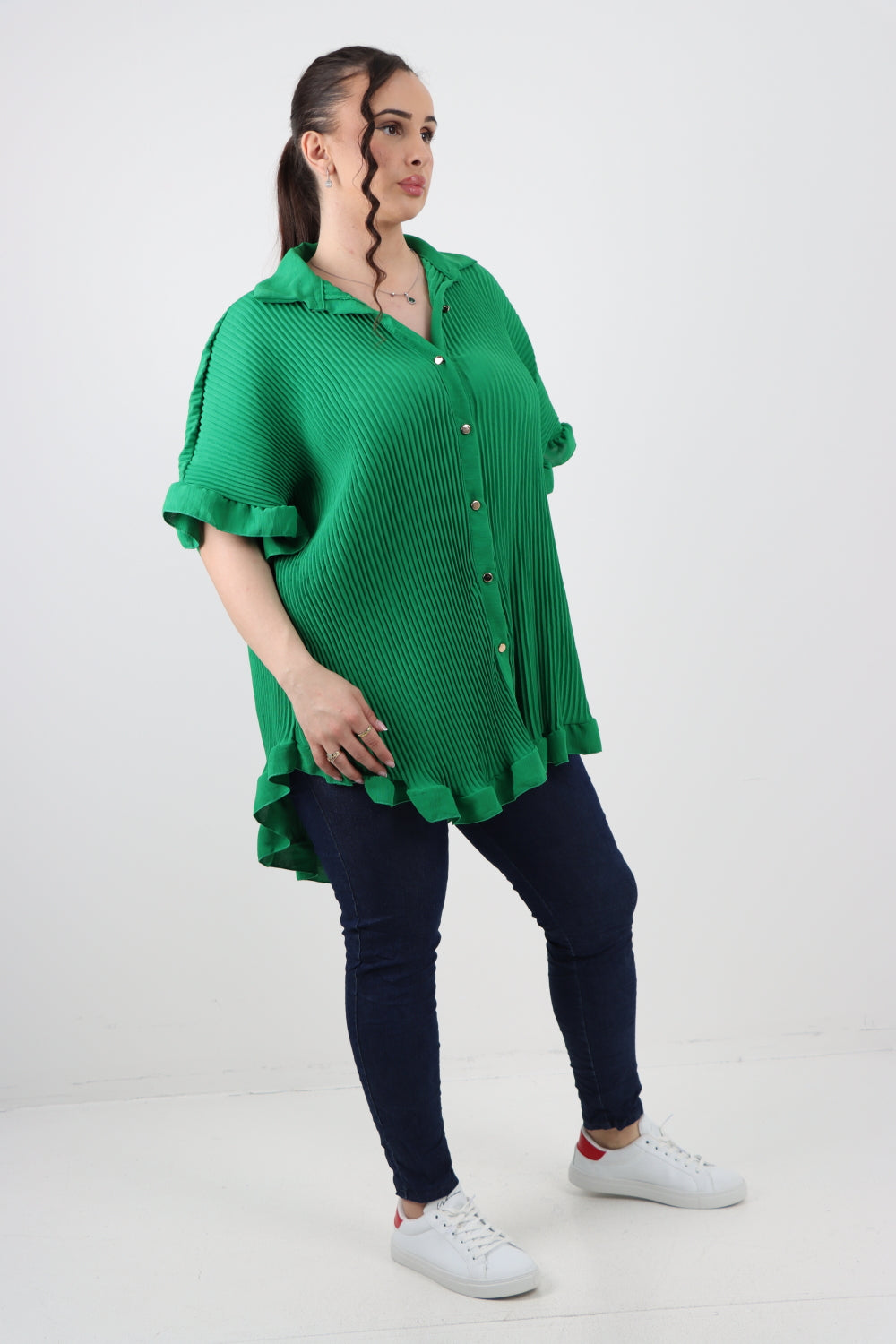 Italian Pleated Dip Hem Button Down Shirt Top