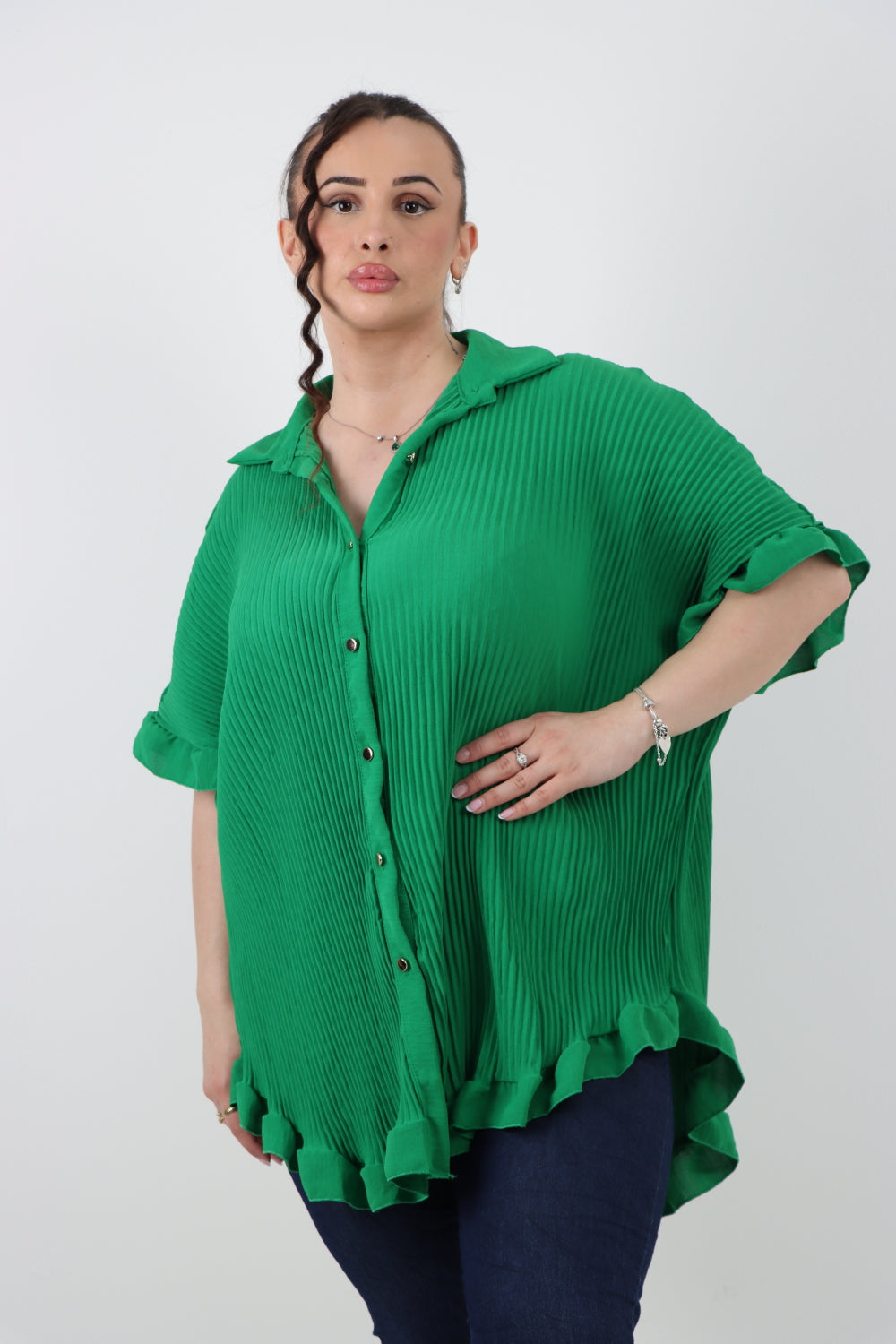 Italian Pleated Dip Hem Button Down Shirt Top