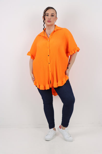 Italian Pleated Dip Hem Button Down Shirt Top