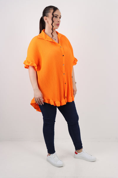 Italian Pleated Dip Hem Button Down Shirt Top