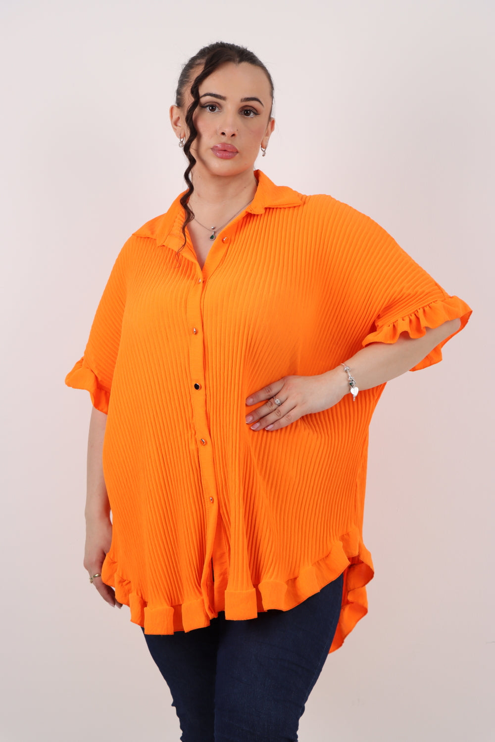 Italian Pleated Dip Hem Button Down Shirt Top