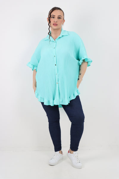 Italian Pleated Dip Hem Button Down Shirt Top