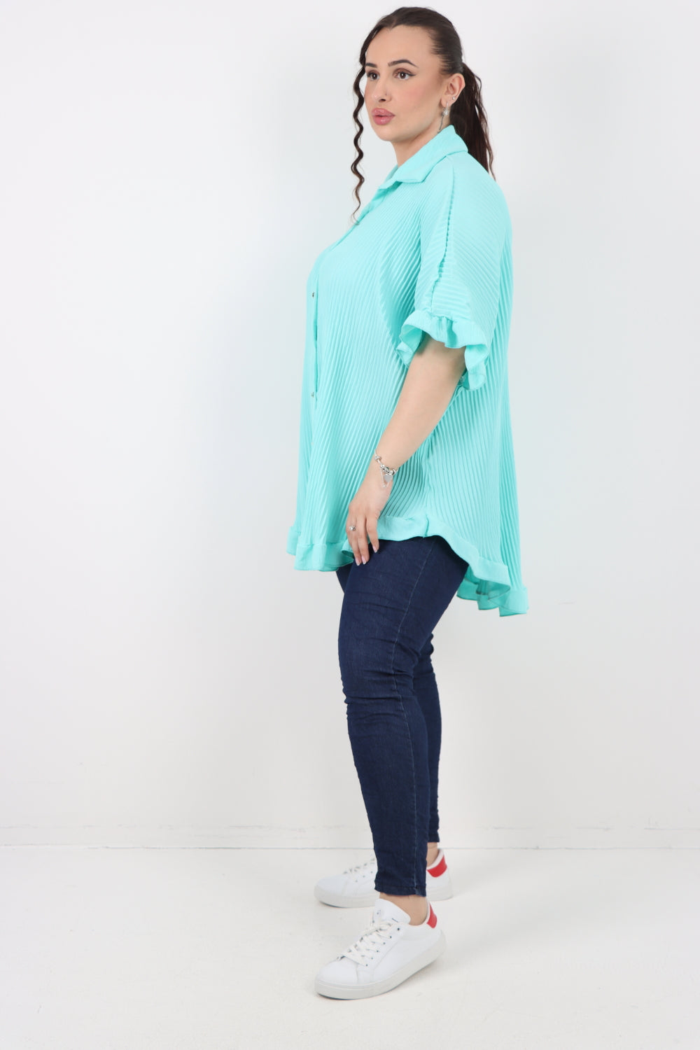 Italian Pleated Dip Hem Button Down Shirt Top