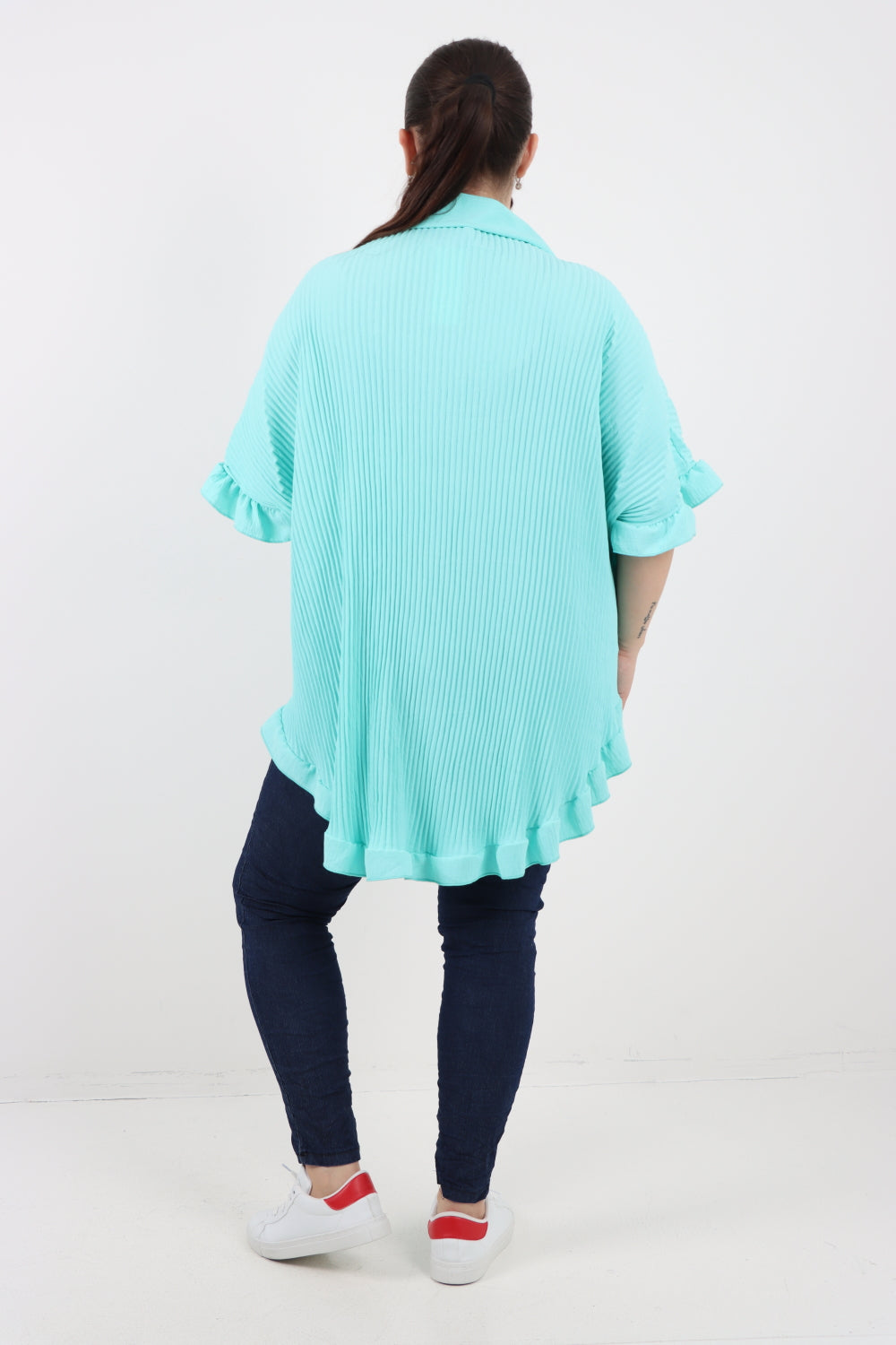 Italian Pleated Dip Hem Button Down Shirt Top