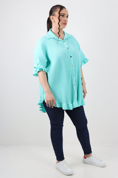 Italian Pleated Dip Hem Button Down Shirt Top