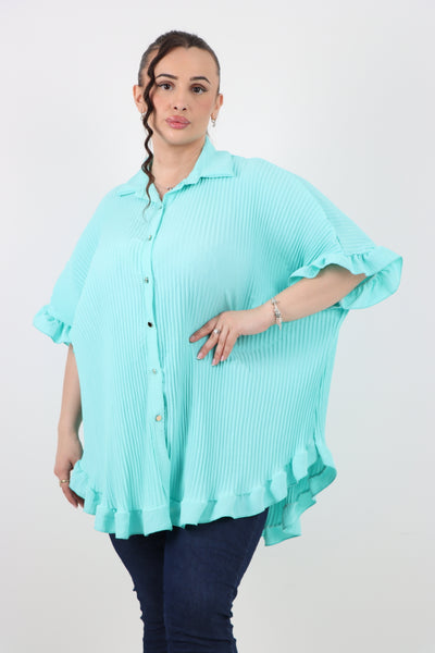 Italian Pleated Dip Hem Button Down Shirt Top