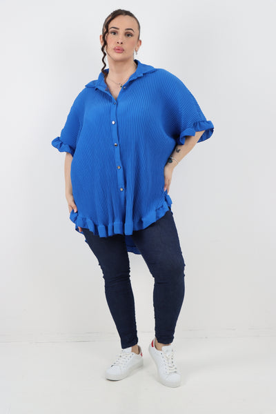 Italian Pleated Dip Hem Button Down Shirt Top