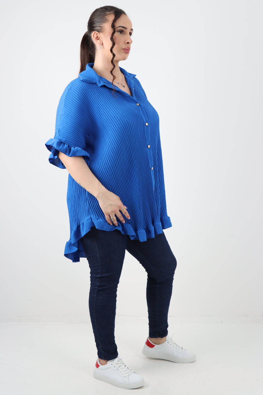 Italian Pleated Dip Hem Button Down Shirt Top