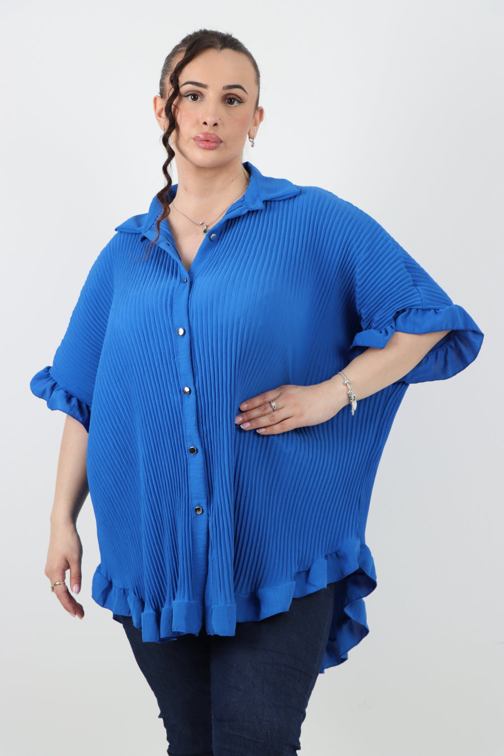 Italian Pleated Dip Hem Button Down Shirt Top