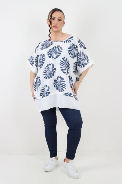 Italian Monstera Leaf Print Short Sleeve Tunic Top