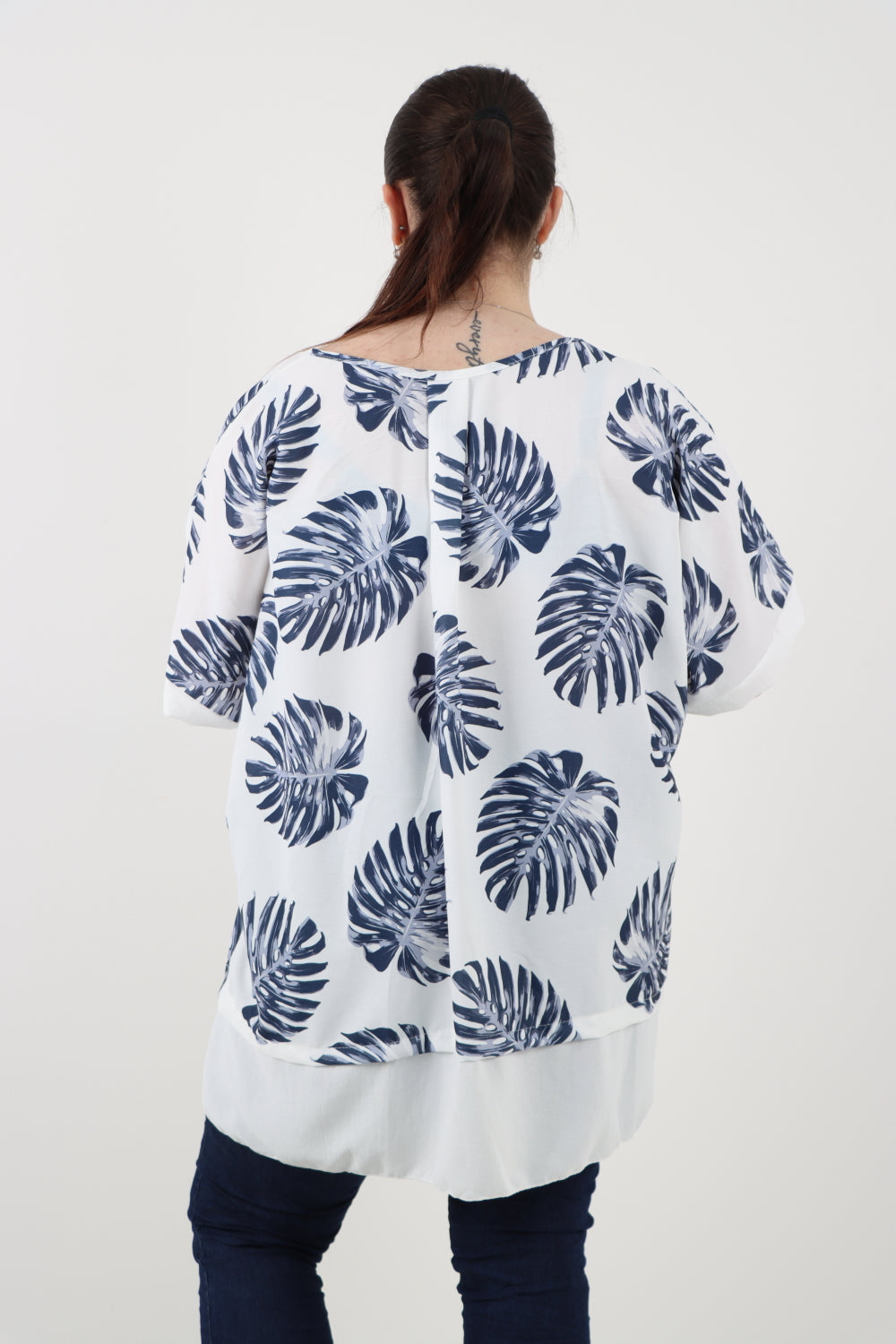 Italian Monstera Leaf Print Short Sleeve Tunic Top