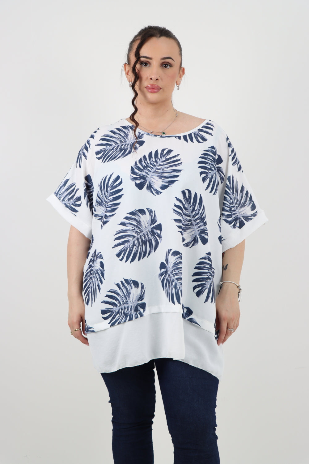 Italian Monstera Leaf Print Short Sleeve Tunic Top