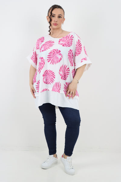 Italian Monstera Leaf Print Short Sleeve Tunic Top