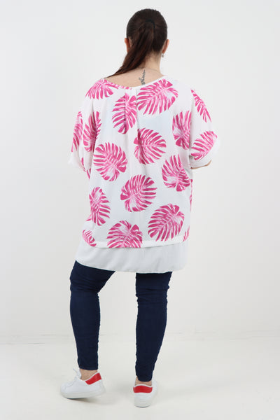 Italian Monstera Leaf Print Short Sleeve Tunic Top